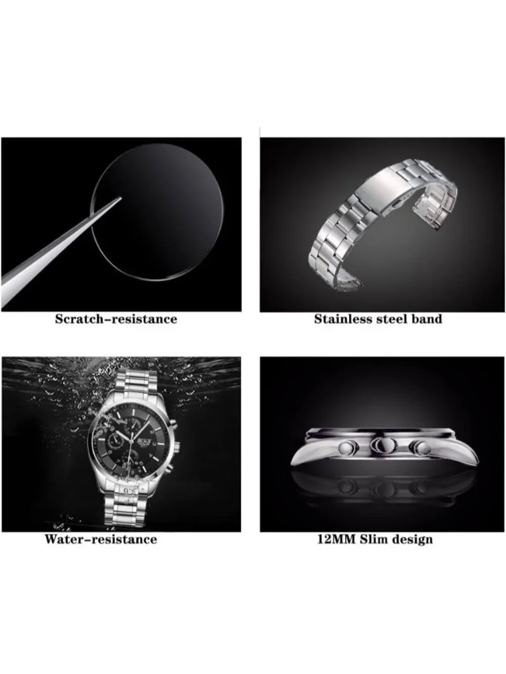 Men's Silver And Black Analog Stainless Steel Chronograph Waterproof Wrist Watch
